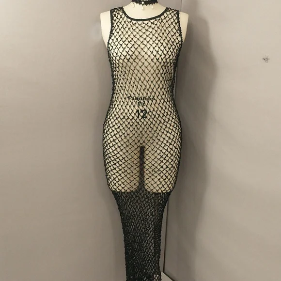 ABS Allen Schwartz | Dresses | Sexy Sheer Cobweb Sequin Mesh Tank Maxi Dress  Slinky See Through Overlay Sparkle | Poshmark